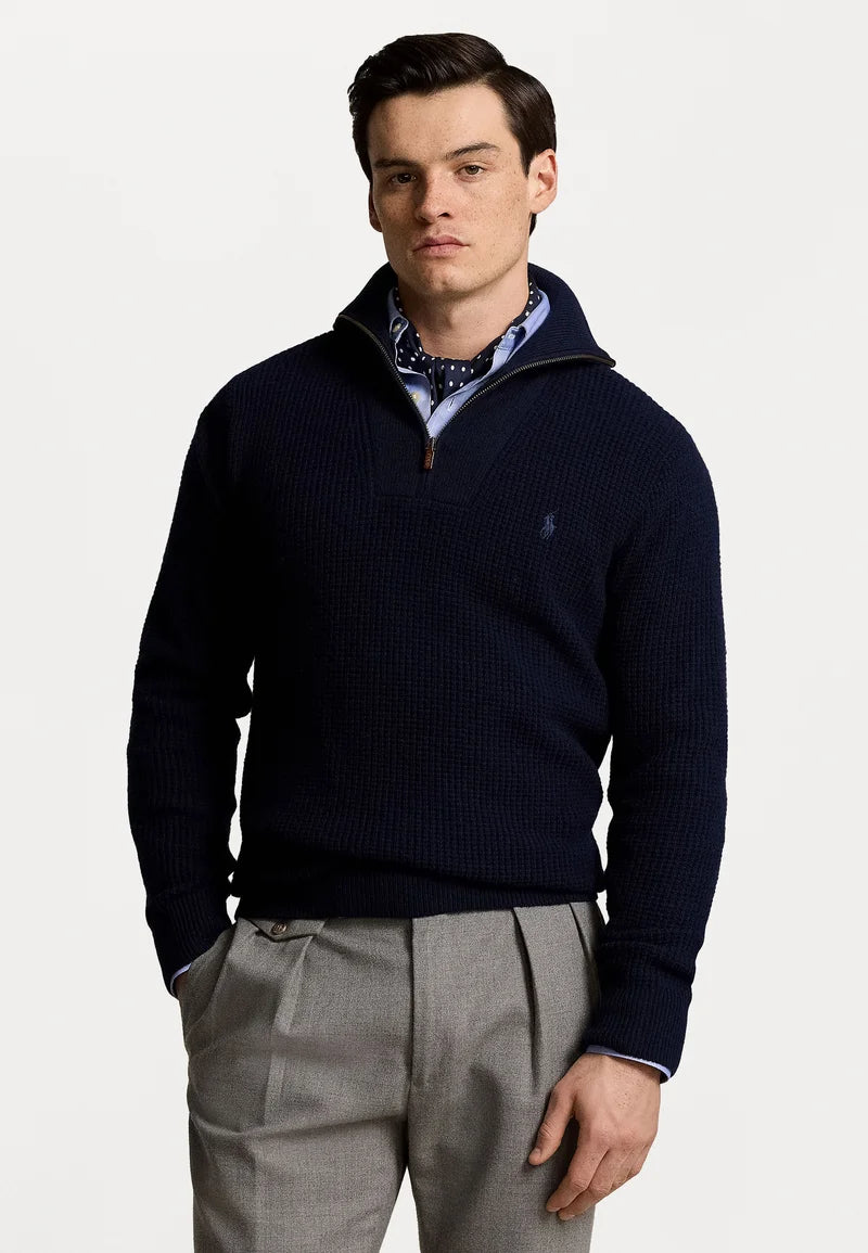 Waffle Wool Cotton Quarter Zip Jumper